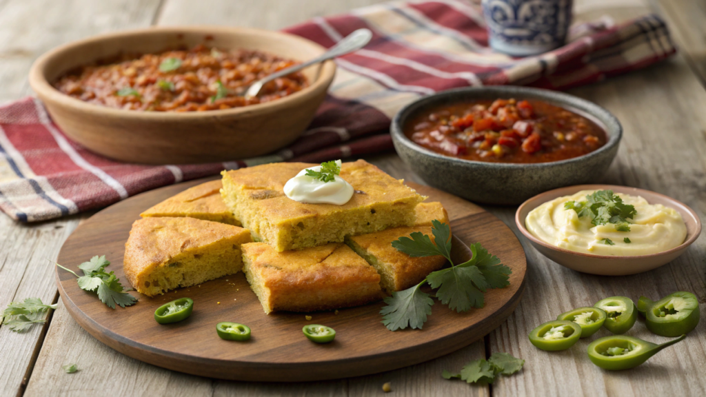 "What goes with Mexican cornbread? A delicious display of cornbread, chili, salsa, and guacamole."