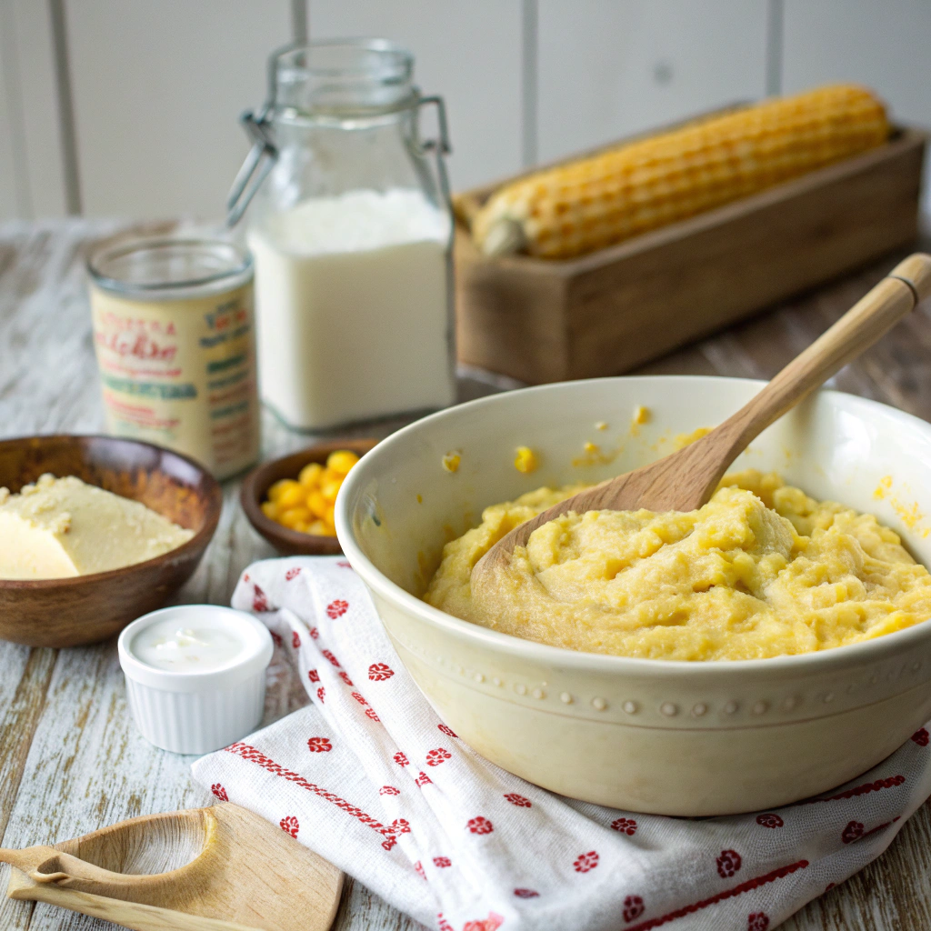 Cornbread batter with creamed corn mixed in, showcasing the chunky texture before baking, a delicious variation.