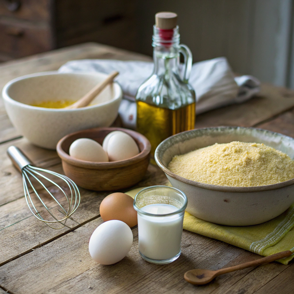 Ingredients for a healthy cornbread recipe, including cornmeal, buttermilk, honey, eggs, and olive oil.