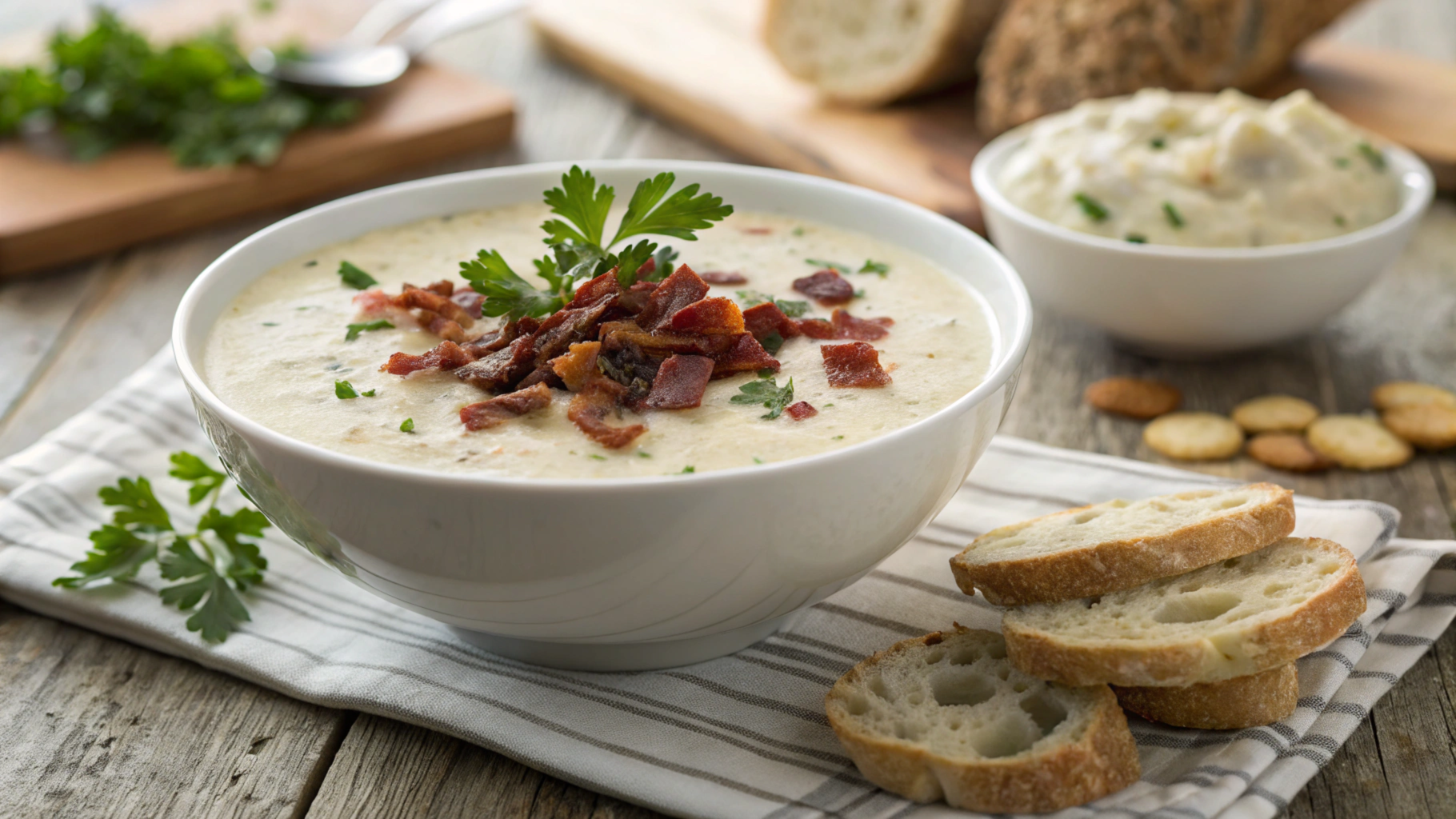 Delicious bowl of New England clam chowder with crispy bacon and fresh parsley.