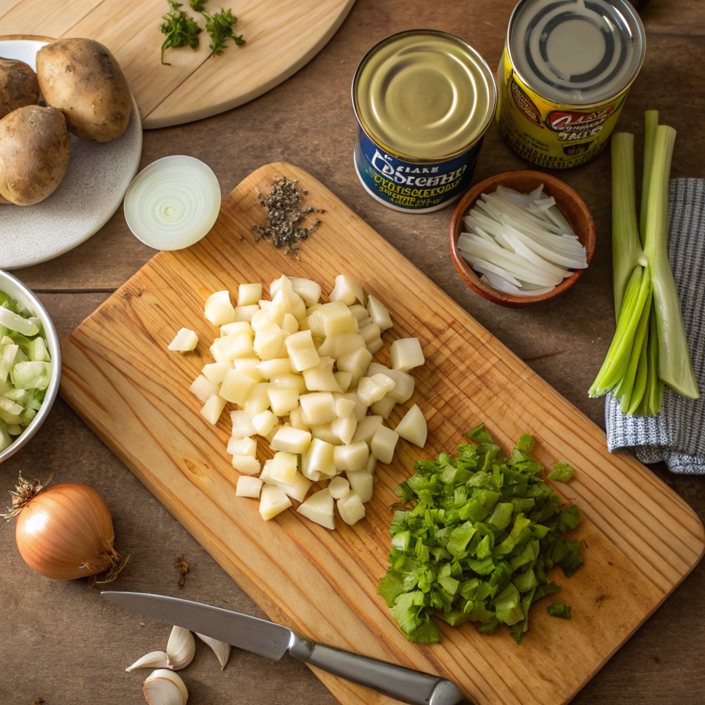  "Chopped potatoes, celery, onions, and canned clams for making halal clam chowder, showcasing the ingredients preparation process."