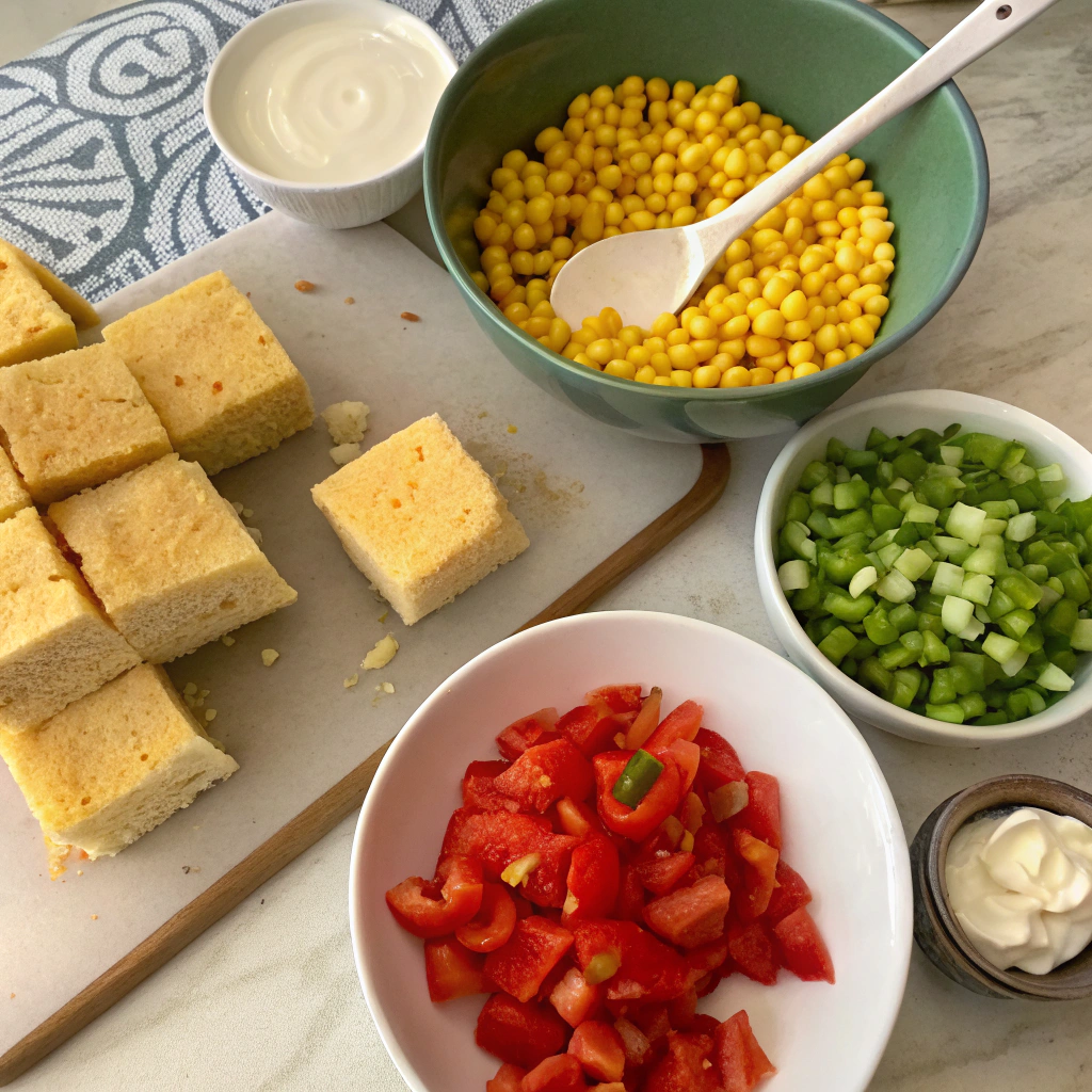 Ingredients for cornbread salad laid out on the kitchen counter