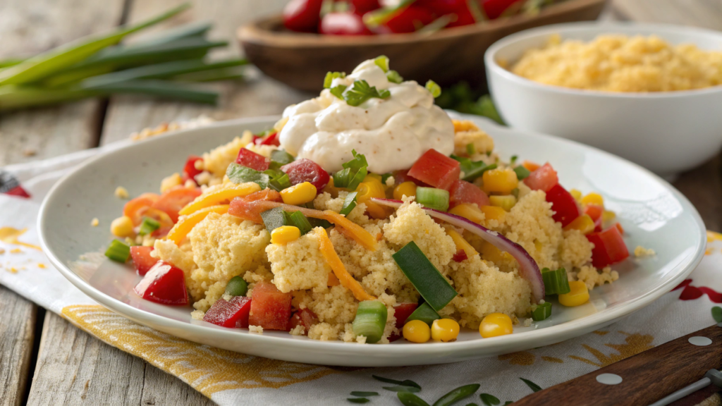 Delicious cornbread salad with fresh vegetables and creamy dressing