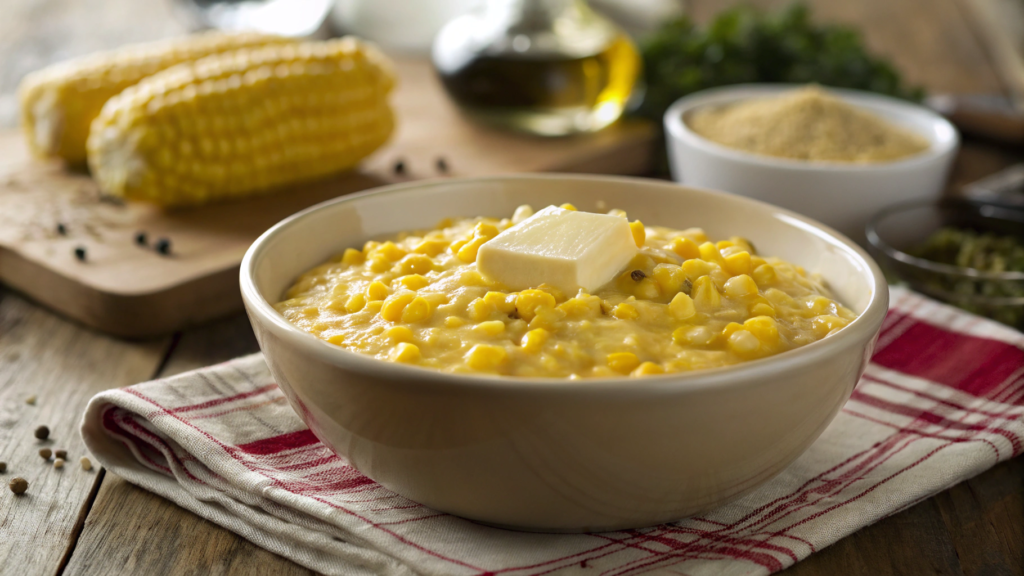 "Creamed corn with whole kernels, smooth and velvety texture, served in a rustic bowl with butter, shot in natural lighting."