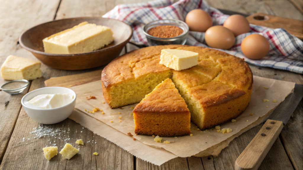 "Golden brown cornbread with fluffy interior served with butter, made with buttermilk, on a rustic wooden table."