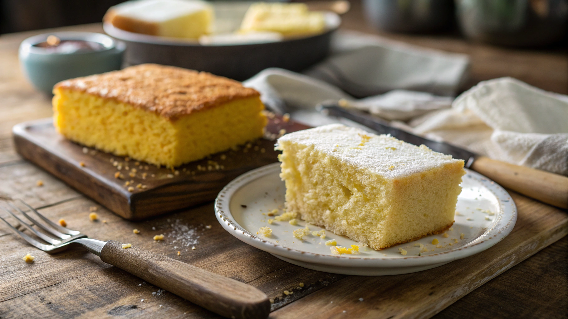 Two slices of yellow and white cornbread on a rustic wooden table, showcasing the difference in texture and appearance."