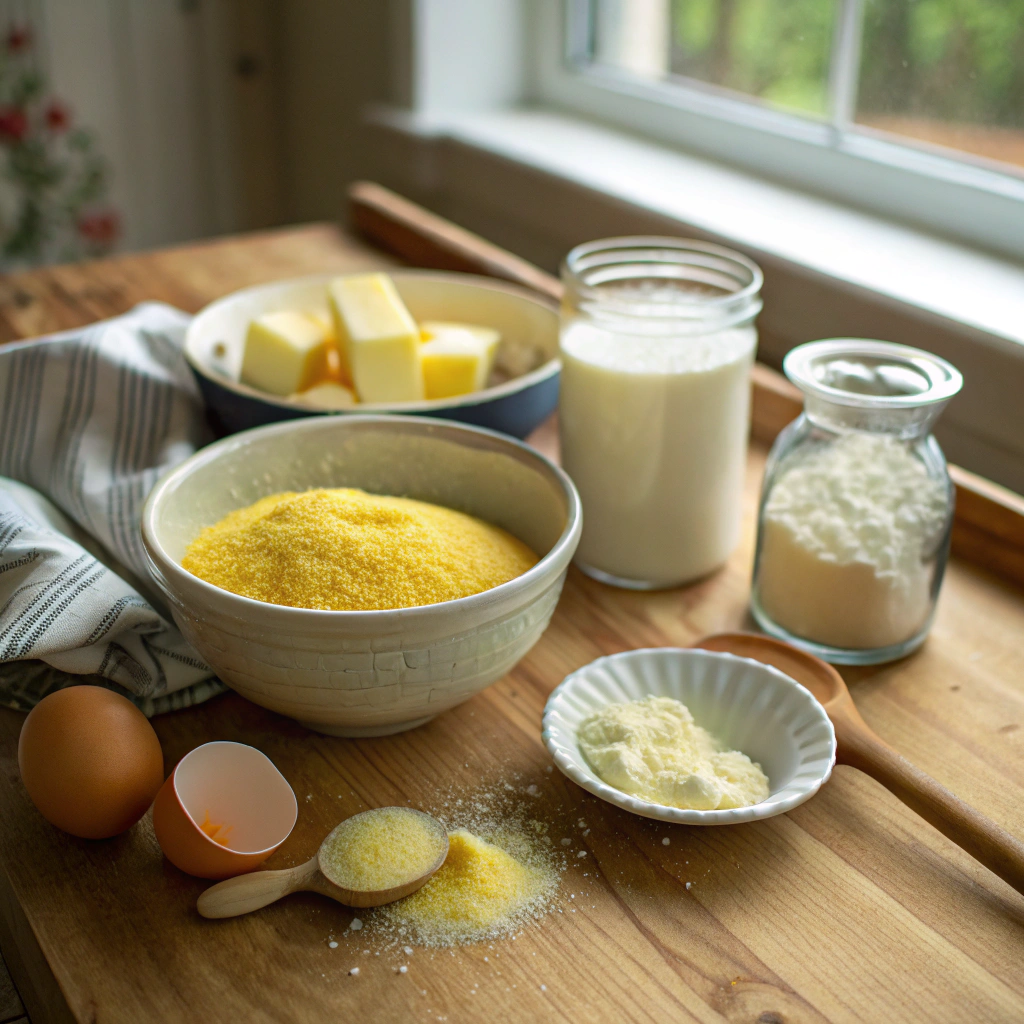 "Ingredients for yellow cornbread: cornmeal, butter, eggs, and buttermilk arranged on a wooden countertop."