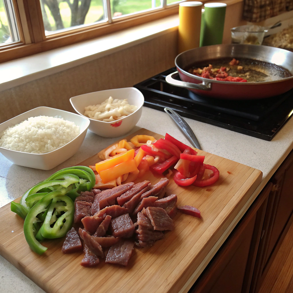  Fresh ingredients for Beef Pepper Rice Sauce, including sliced beef, bell peppers, and onions, ready for cooking.