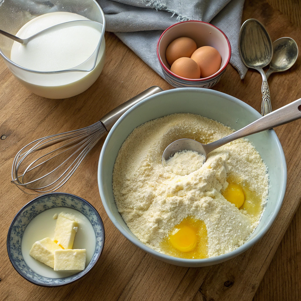 Cornmeal and flour in bowls with melted butter, eggs, and milk for cornbread preparation, showcasing the ingredients for the recipe.