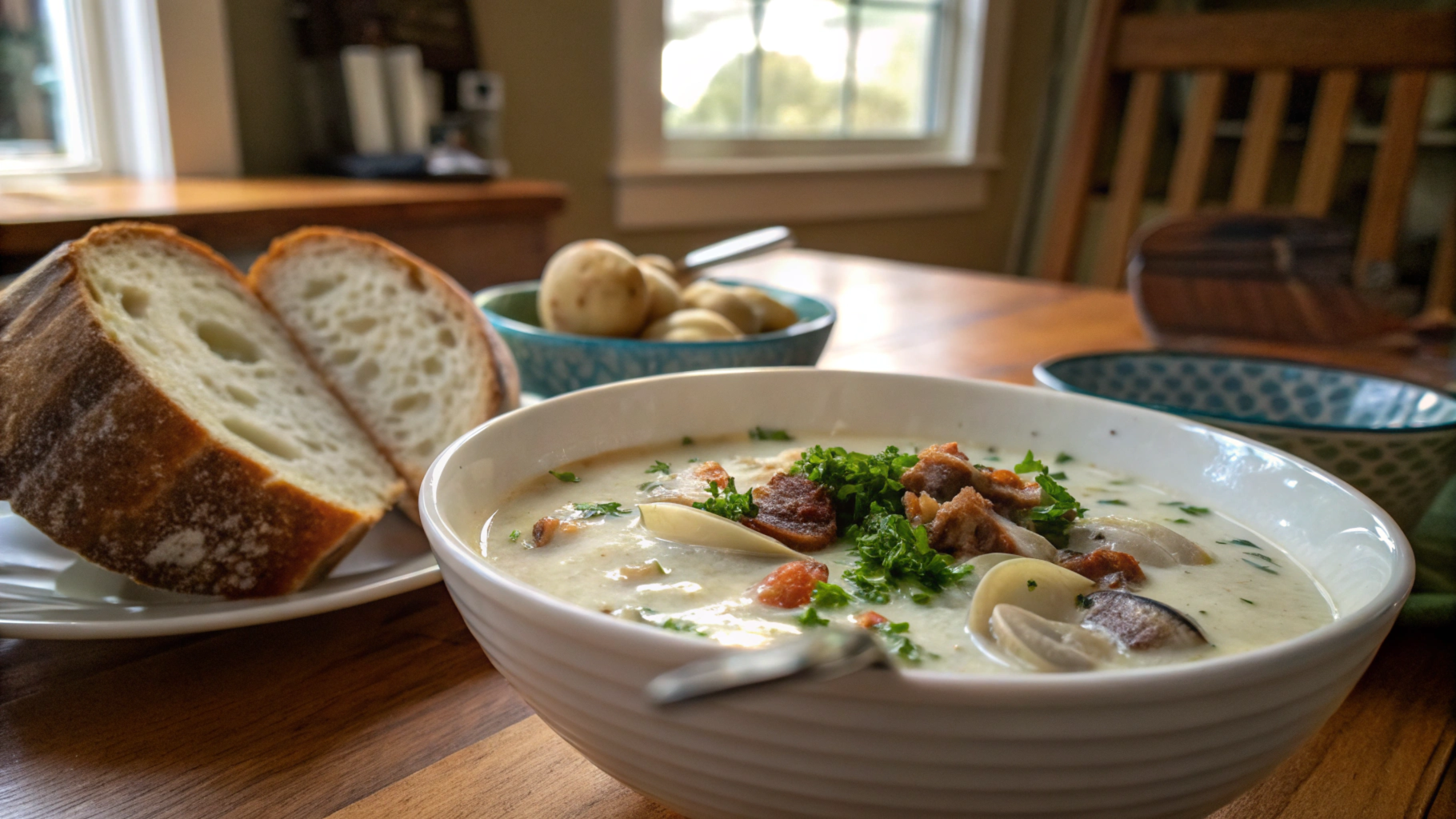 "New England clam chowder bowl with clams, potatoes, bacon, and parsley served with crusty bread."