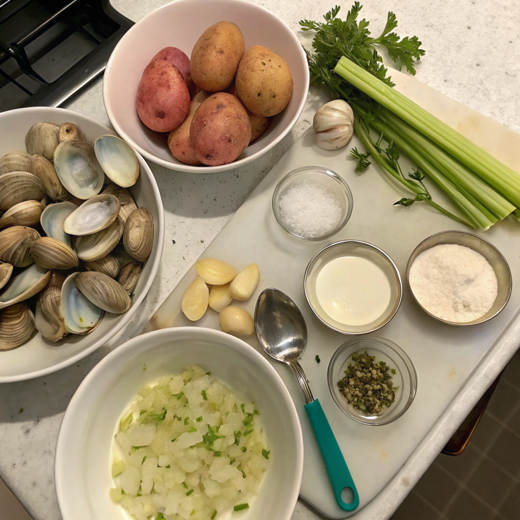 "Ingredients for New England clam chowder including clams, potatoes, onions, garlic, and cream."