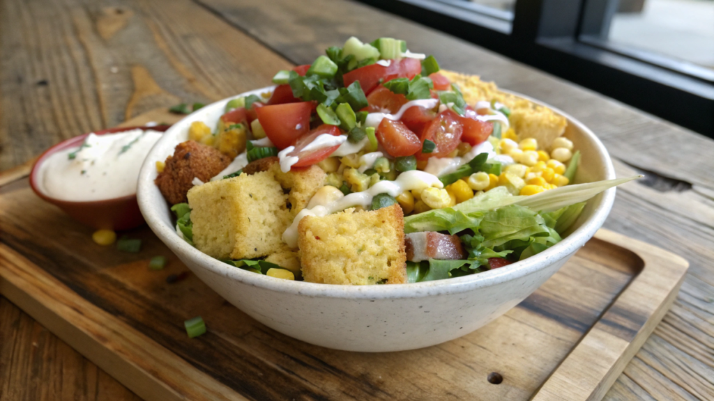 Delicious cornbread salad served with fresh tomatoes, lettuce, corn, and creamy dressing, showing the final outcome of the recipe.