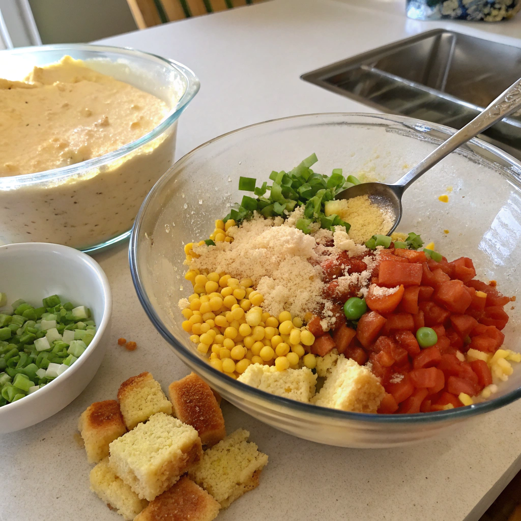 Preparation of cornbread salad with crumbled cornbread, fresh veggies, and creamy dressing in a mixing bowl.