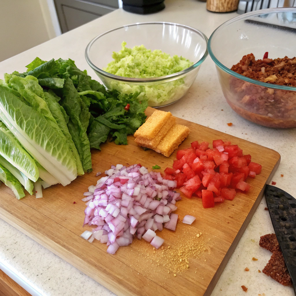 Preparing cornbread salad ingredients, including chopped lettuce, diced tomatoes, red onions, and crumbled cornbread on a cutting board.