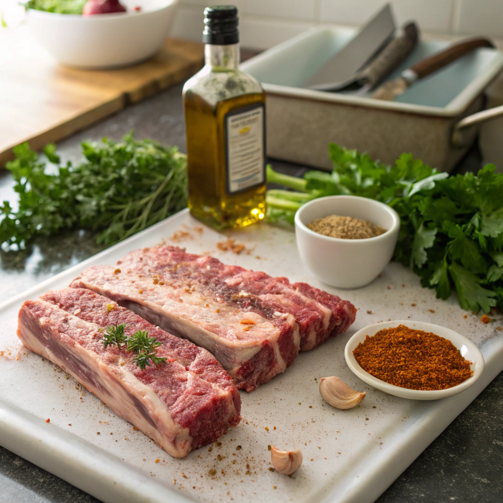 Raw beef ribs seasoned with spices on a cutting board, ready for grilling preparation.