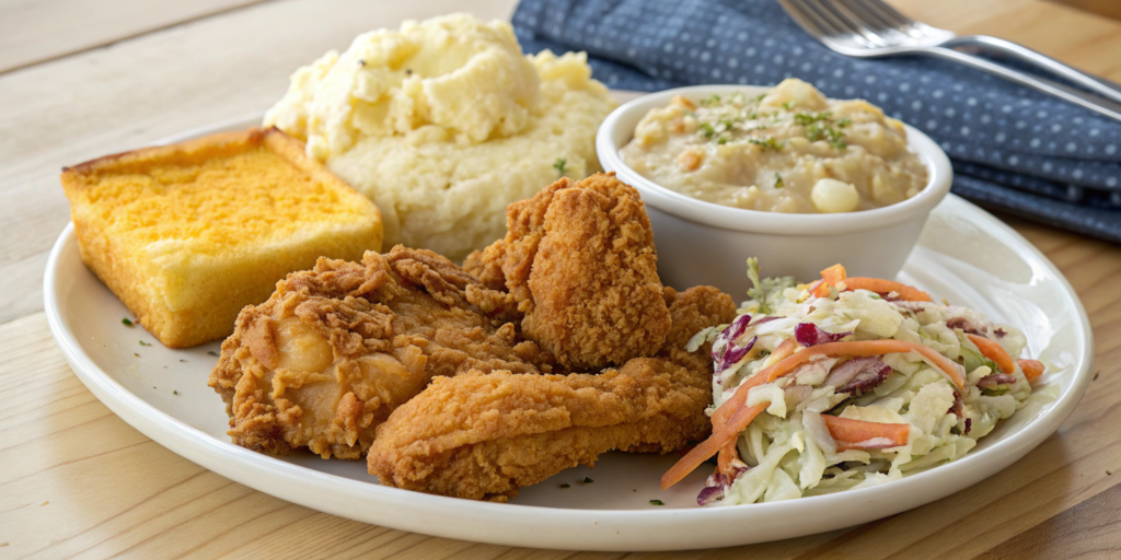 Kennedy Fried Chicken with crispy chicken, mashed potatoes, coleslaw, and cornbread served on a wooden table.