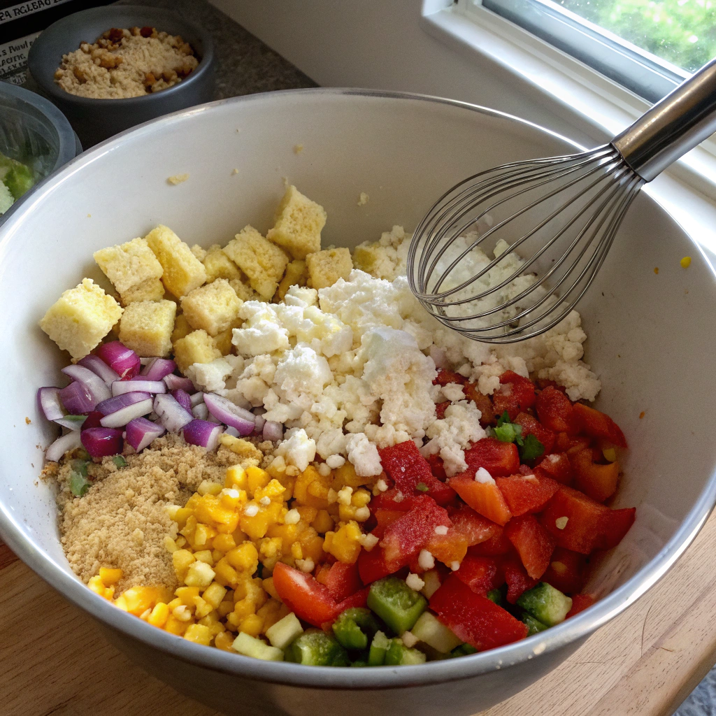 Preparing cornbread salad by mixing cornbread cubes, fresh vegetables, and feta cheese in a large bowl