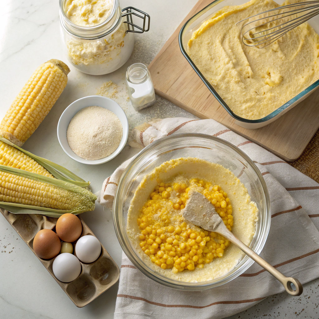 Preparation of cornbread with creamed corn, featuring ingredients like cornmeal, eggs, and creamed corn.