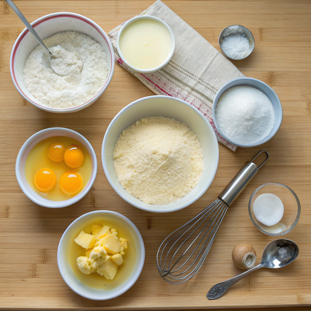 "Ingredients for buttermilk cornbread arranged on a wooden countertop, including cornmeal, flour, buttermilk, eggs, and melted butter."