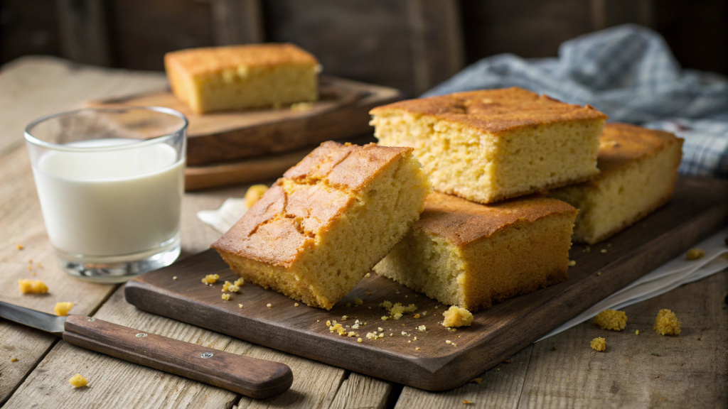 Golden brown buttermilk cornbread on a rustic wooden table, sliced and ready to serve