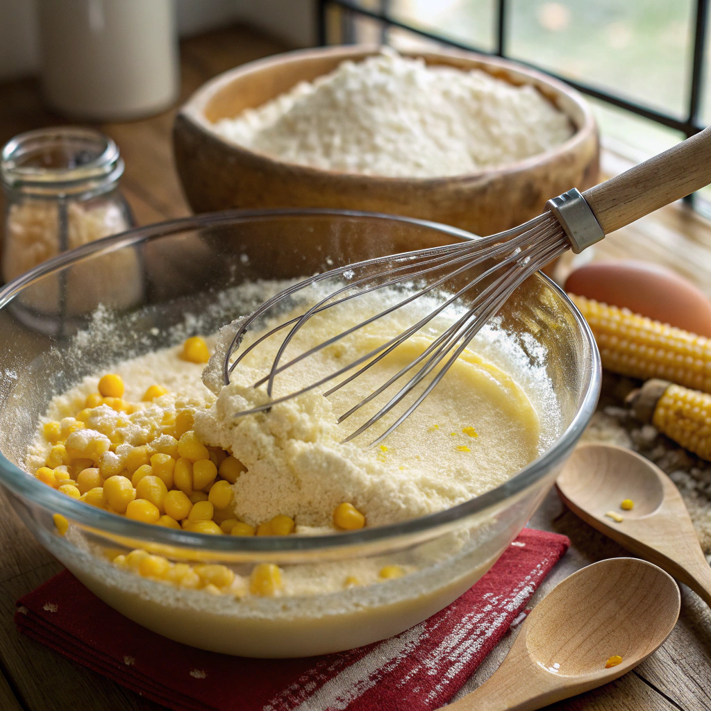 "Cornbread batter with canned corn being mixed in a bowl, ready for baking, with ingredients visible in a rustic kitchen."