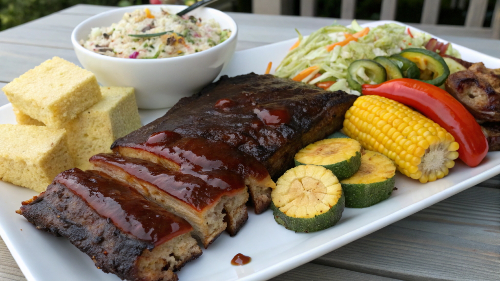 "Barbecue beef ribs with cornbread, coleslaw, and grilled vegetables as sides"