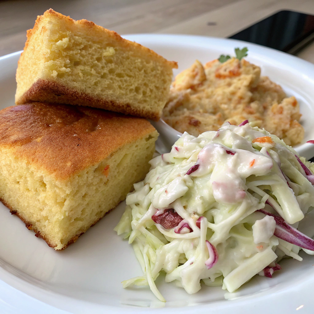 "Close-up of cornbread and coleslaw as barbecue ribs sides"