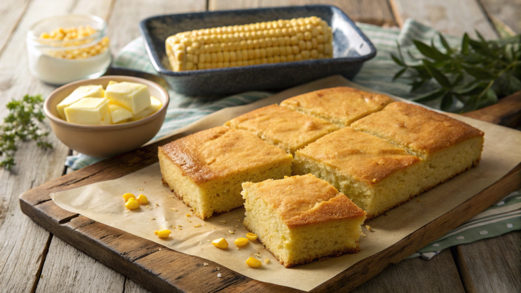 "Cornbread with canned corn, freshly baked with golden top and soft interior, served on a rustic wooden table."