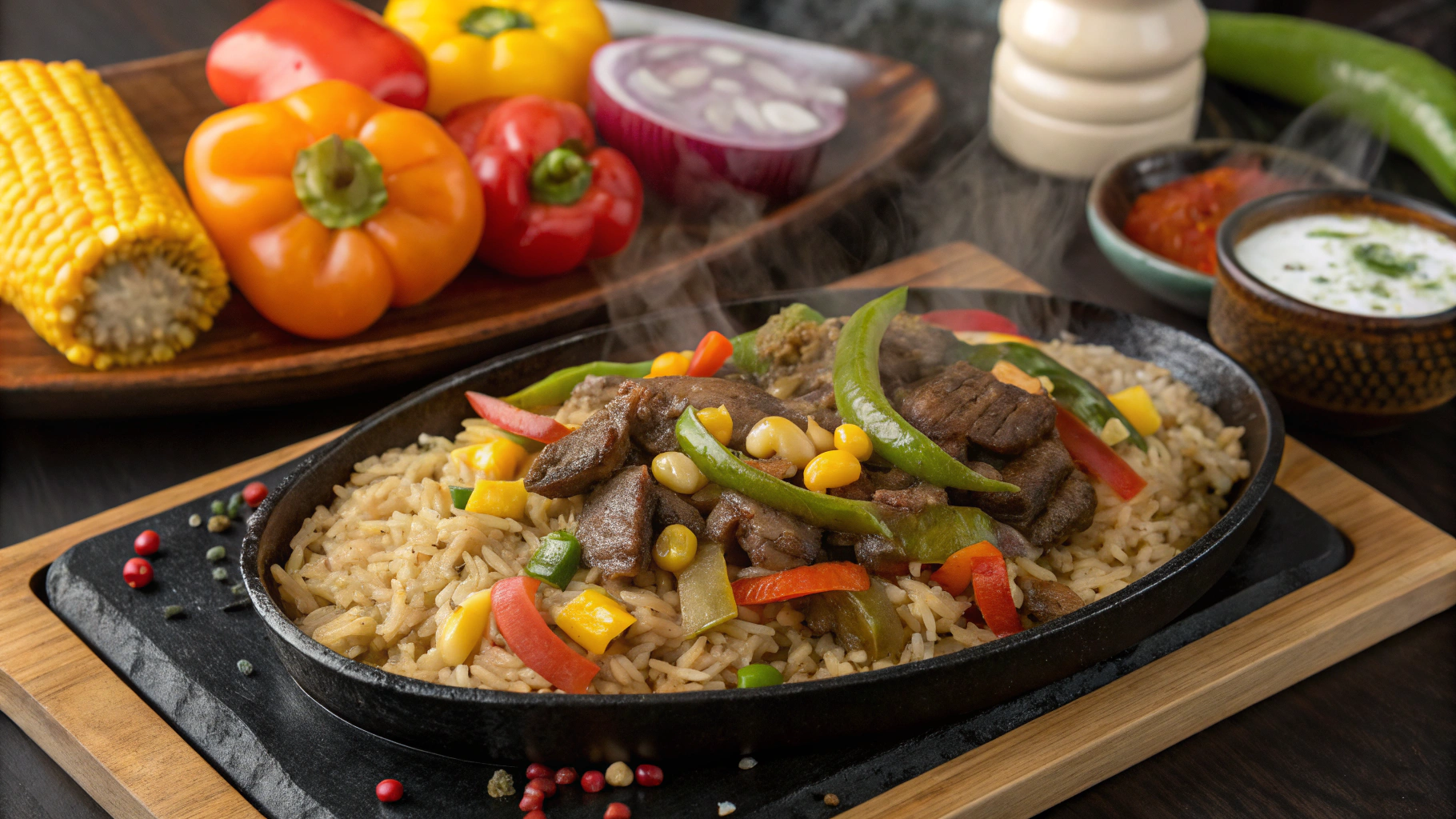 "Pepper Rice final dish with sizzling beef, rice, and colorful vegetables on a hot plate"