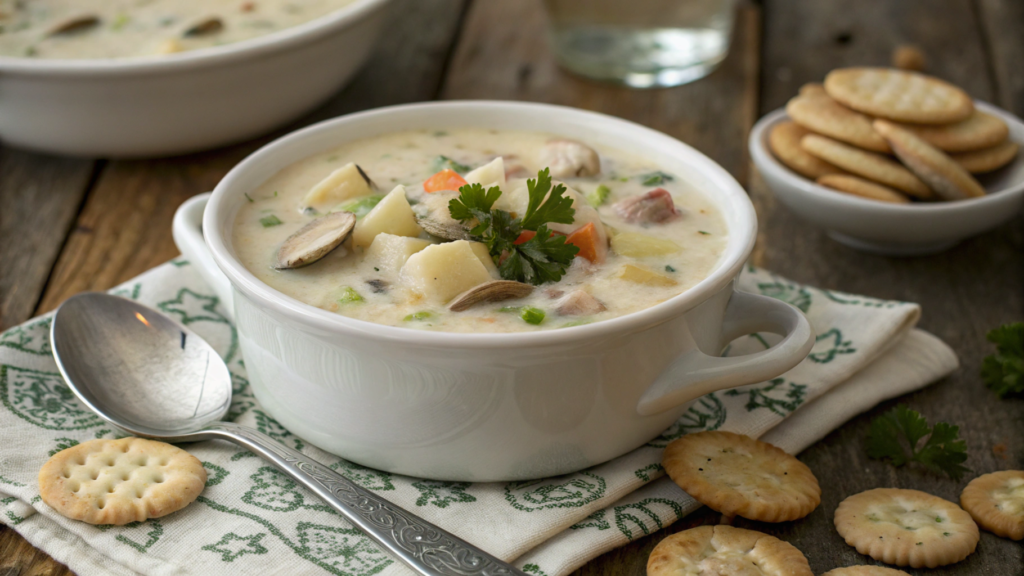 A steaming bowl of the best clam chowder recipe served in a white ceramic bowl, garnished with parsley, featuring chunks of clams and potatoes on a rustic wooden table."