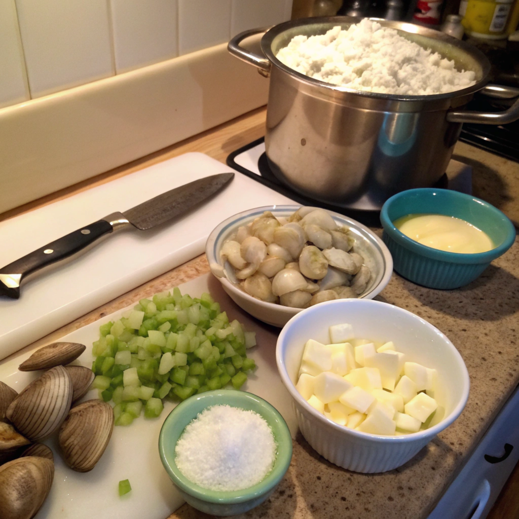 Ingredients for the best clam chowder recipe, including fresh clams, diced potatoes, chopped celery, onions, butter, and cream, laid out on a kitchen countertop."