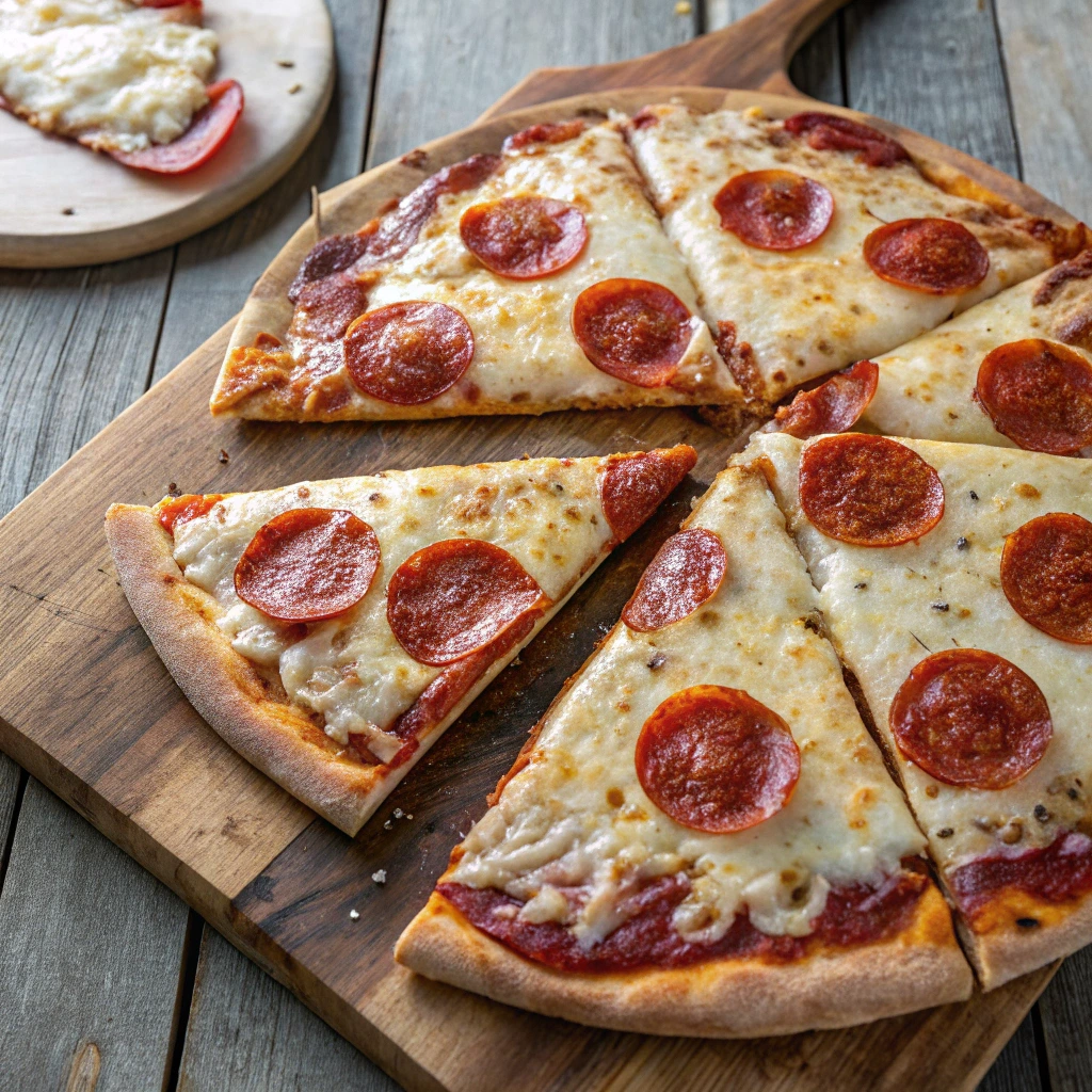 New York-Style pizza with crispy thin crust, mozzarella cheese, and pepperoni slices.