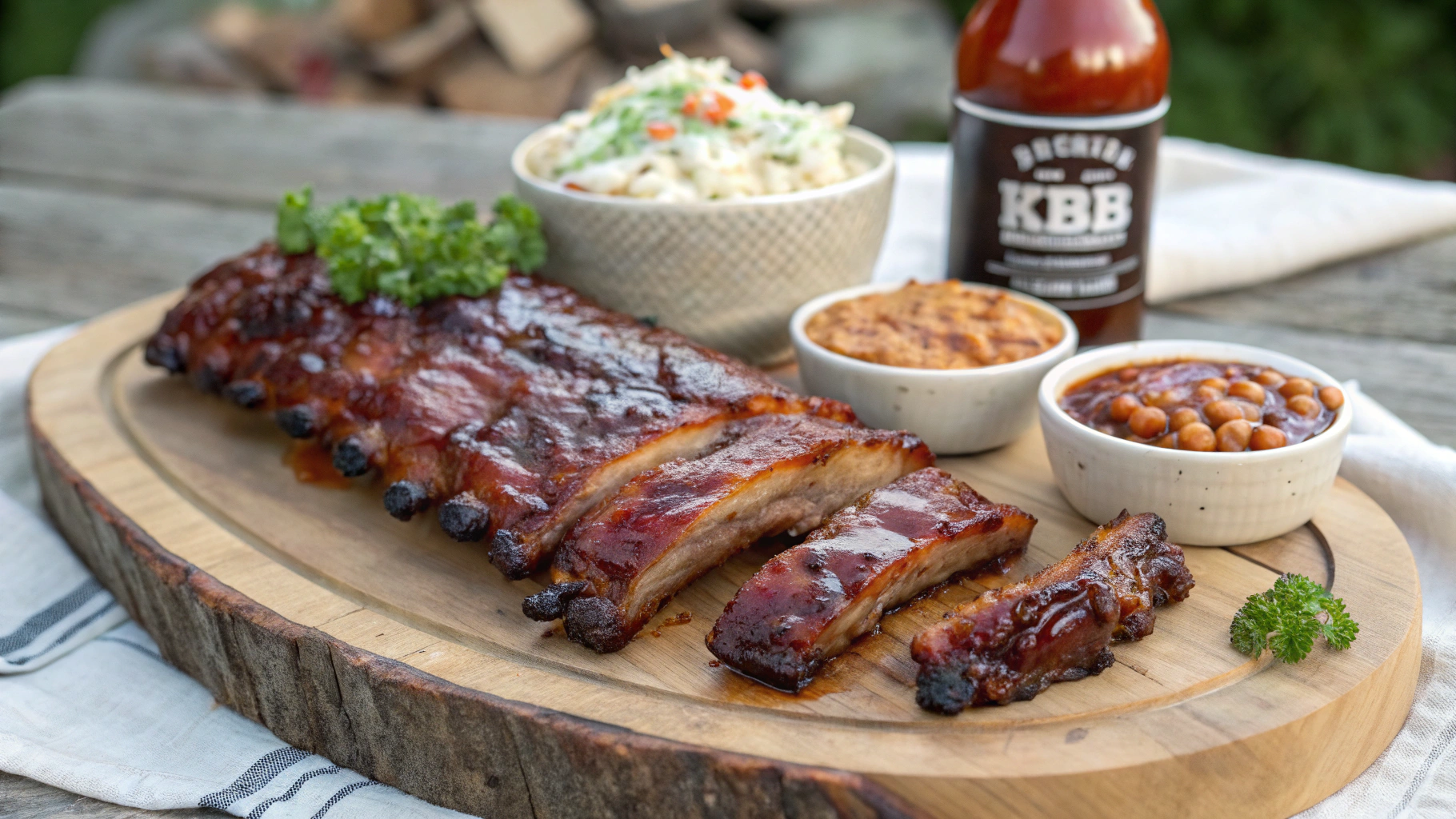 "Perfectly cooked BBQ ribs glazed with sticky barbecue sauce, served on a wooden board with coleslaw and baked beans."