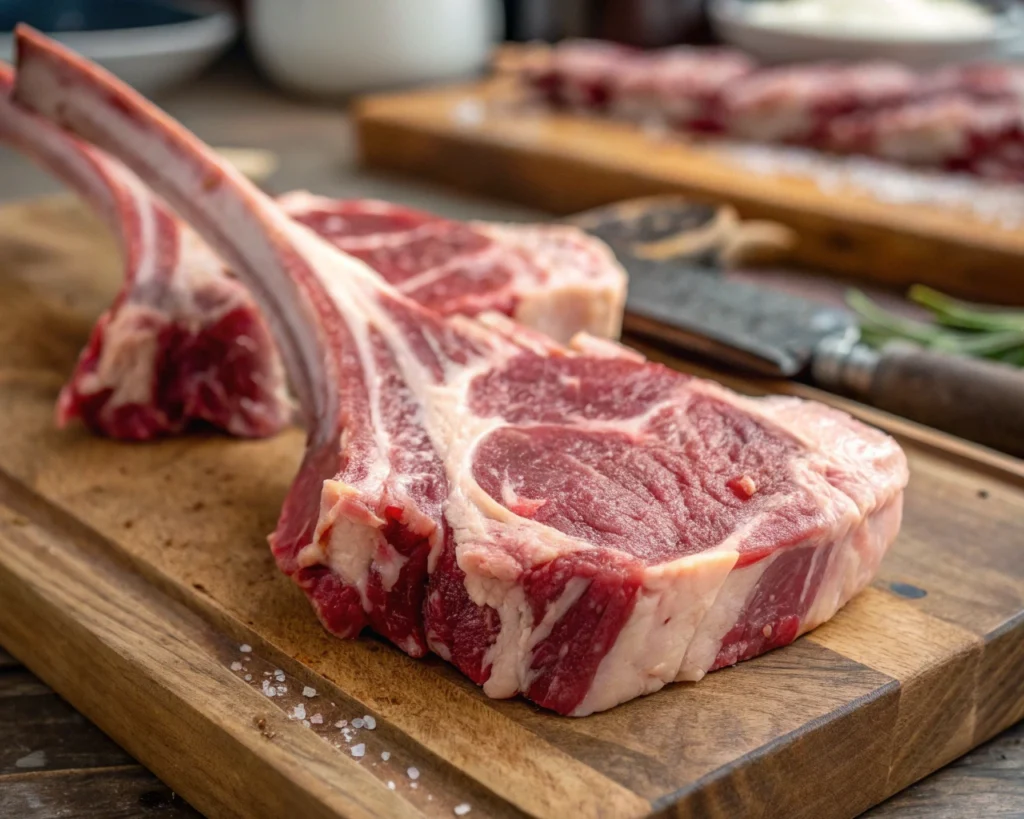 Raw bone-in goat meat cuts, showcasing the gamey texture and marbling for authentic birria tacos.