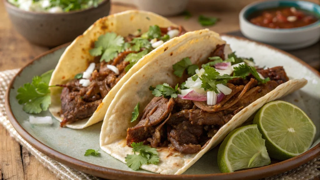 Birria tacos with beef chuck roast and short ribs, garnished with cilantro and lime, showcasing rich flavor and tender texture.