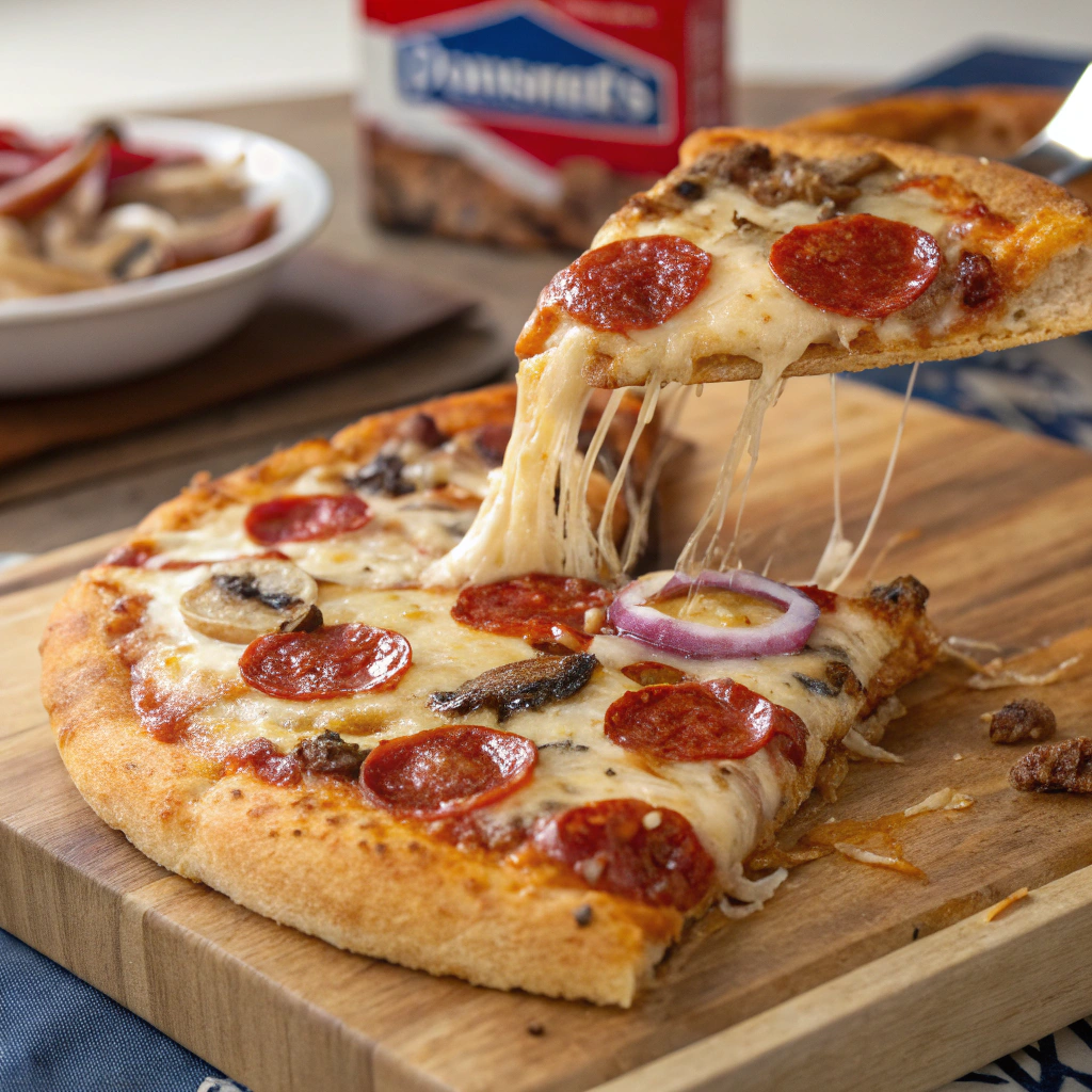 Close-up of Domino’s New York-style pizza with pepperoni, mushrooms, and onions, showcasing its thin, crispy crust.