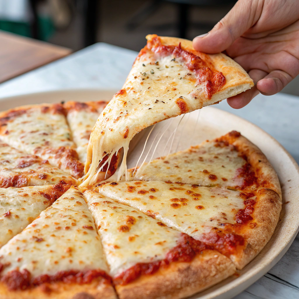 "Close-up of New York-style Domino's pizza with thin crust, melted mozzarella, and cheese pull, emphasizing the crispy texture and simple toppings."

