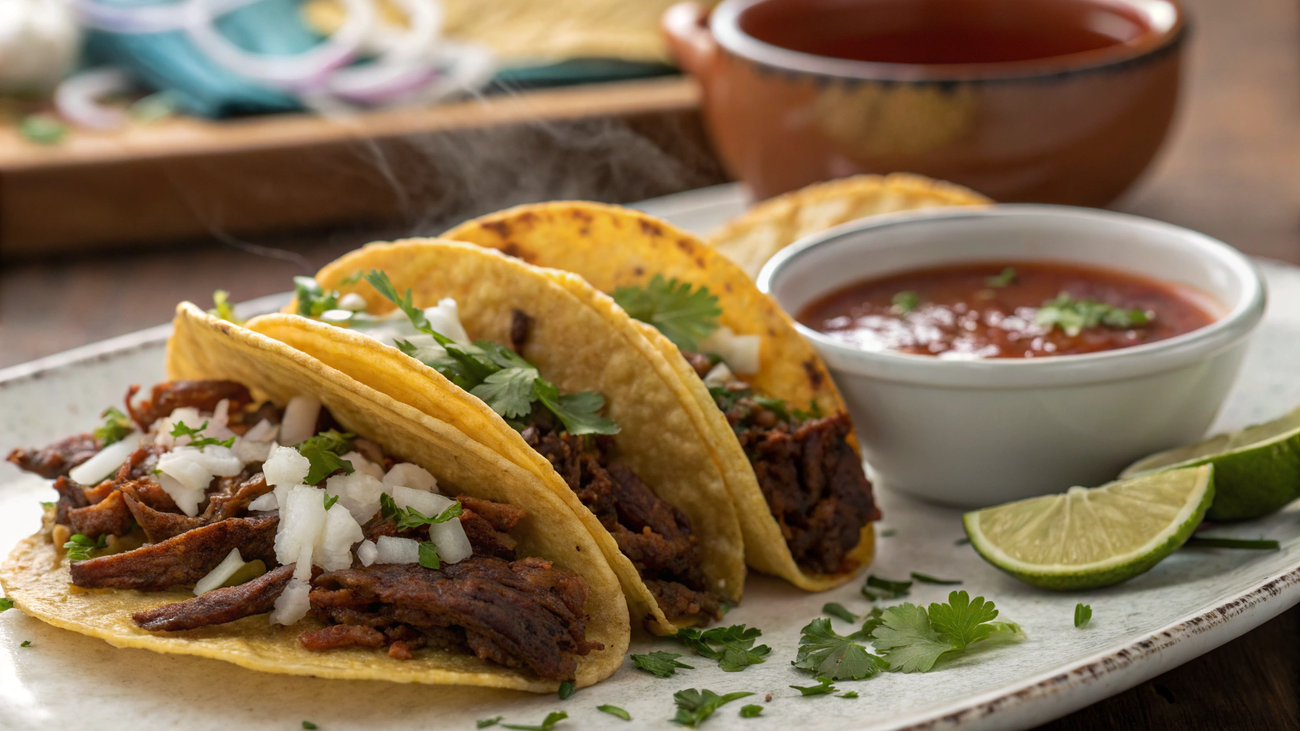 "Birria Tacos Recipe – Tender, slow-cooked meat in crispy tortillas topped with cilantro, onions, and a squeeze of lime."