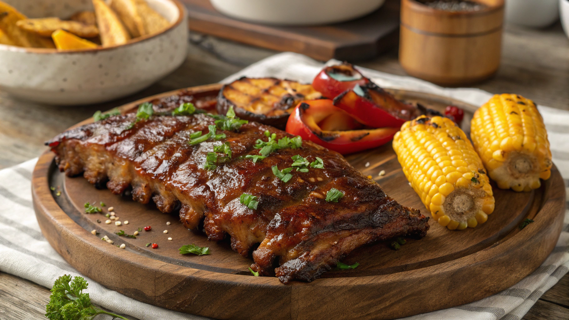 "Tender and juicy barbecue beef ribs served with roasted vegetables and fresh herbs."