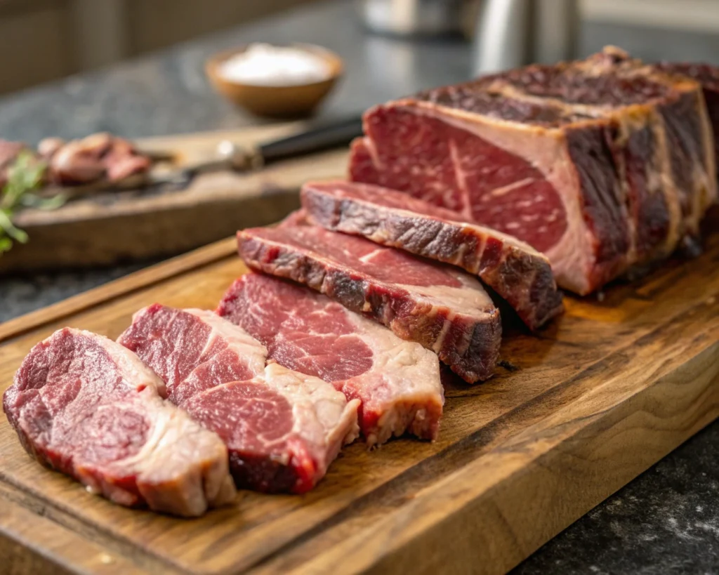 Close-up of raw beef chuck roast and short ribs, showing marbling and texture, ideal cuts for birria tacos.