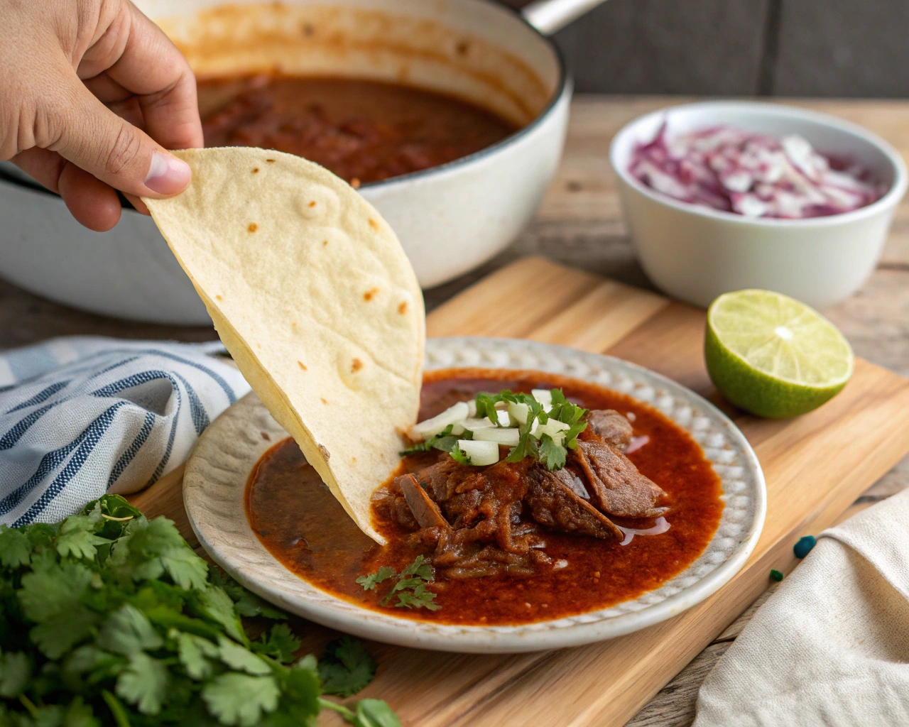 Authentic birria dish served in a bowl with tender meat, rich broth, radishes, onions, and lime wedges.