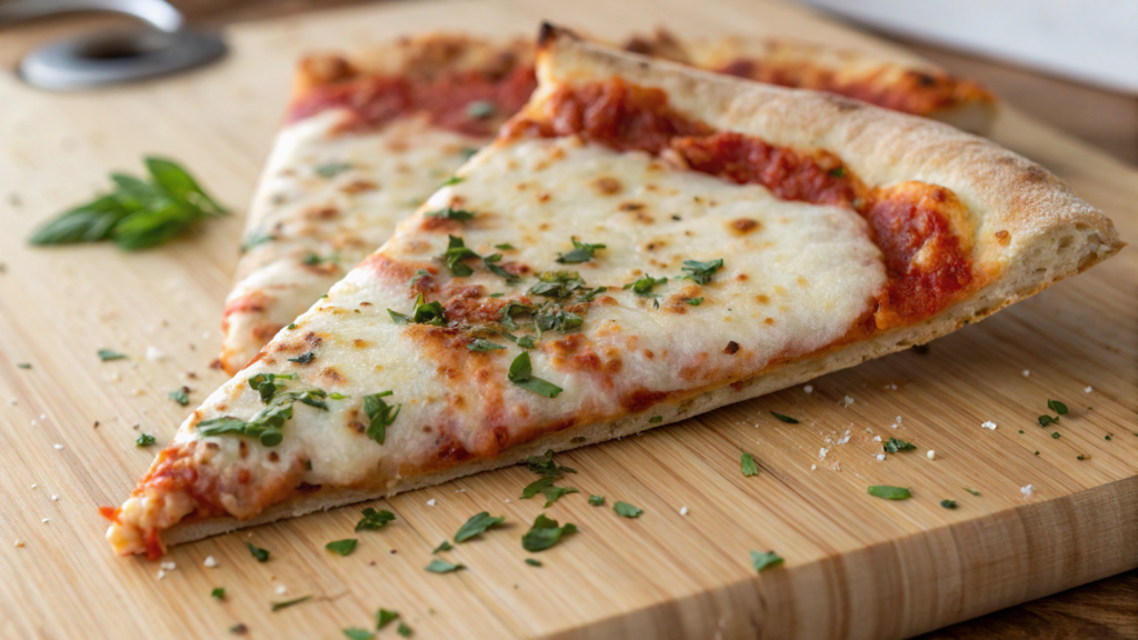 "New York-style Domino's pizza slice with crispy crust, mozzarella cheese, and tangy tomato sauce, showcasing the cheese stretch and foldability."