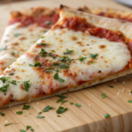 "New York-style Domino's pizza slice with crispy crust, mozzarella cheese, and tangy tomato sauce, showcasing the cheese stretch and foldability."