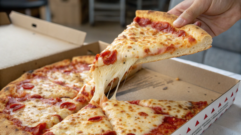 Thin, foldable slice of Domino's New York-style pizza with crispy crust and gooey mozzarella cheese.