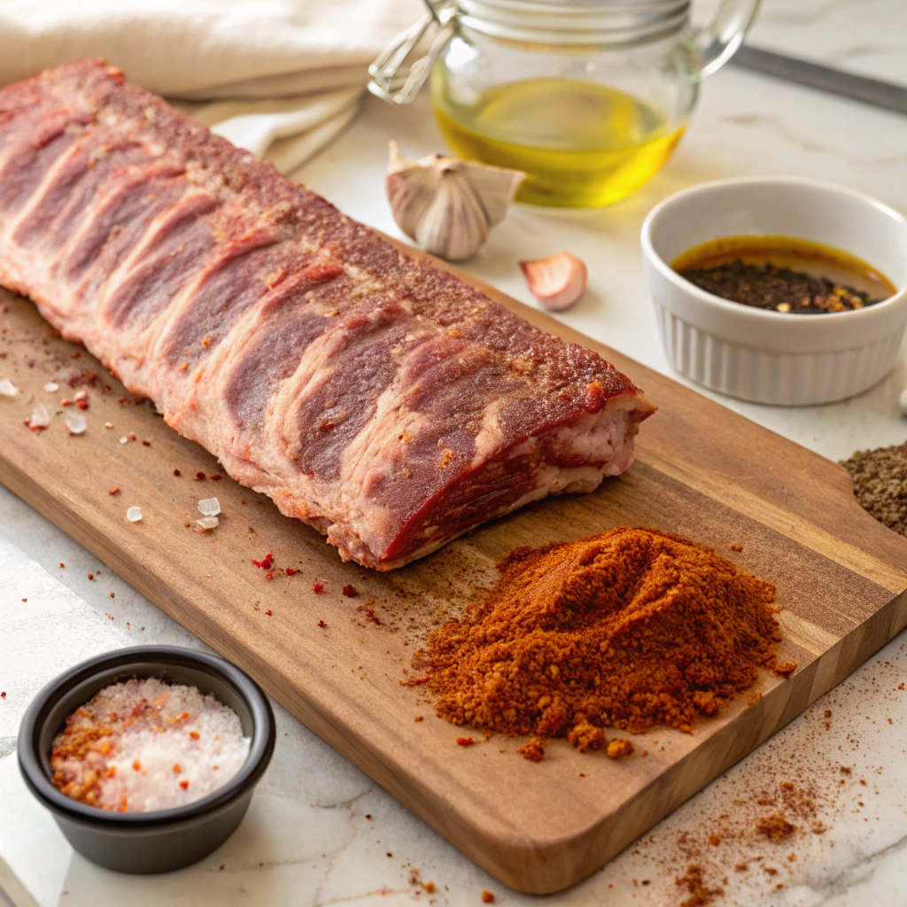 "Raw pork ribs being seasoned with a homemade BBQ dry rub made from paprika, brown sugar, and garlic powder."