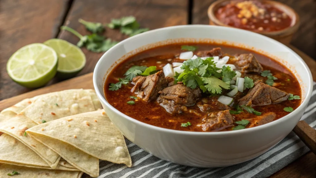 Authentic birria with beef (or goat) in flavorful broth, garnished with cilantro, onions, and lime wedges, served with corn tortillas.