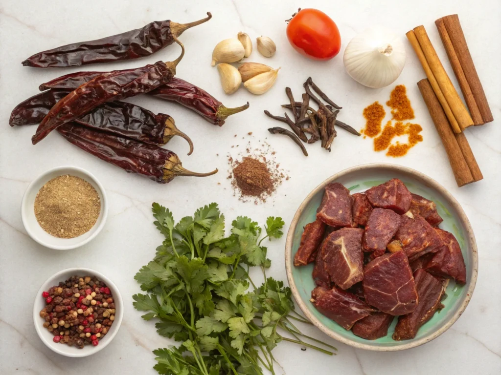 Ingredients of birria, including dried guajillo chilies, ancho chilies, garlic, onions, tomatoes, and spices on a wooden surface.