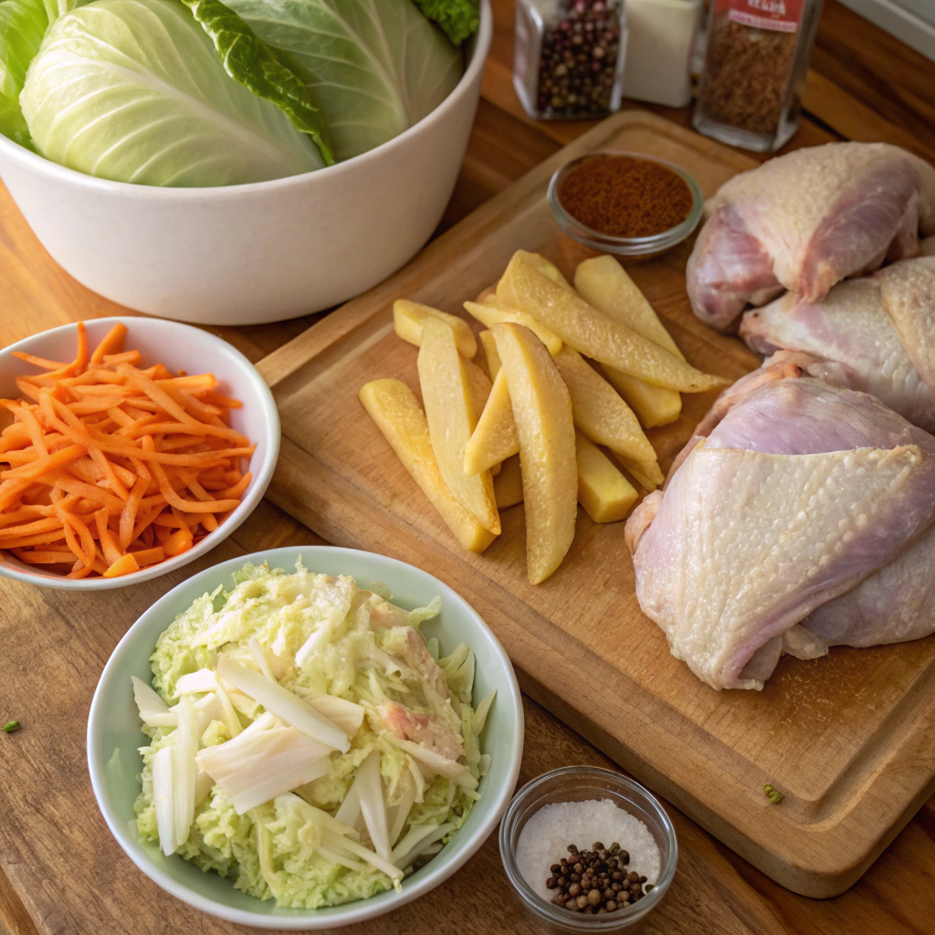 Raw ingredients for Kennedy Fried Chicken, including chicken, fries, coleslaw ingredients, and spices