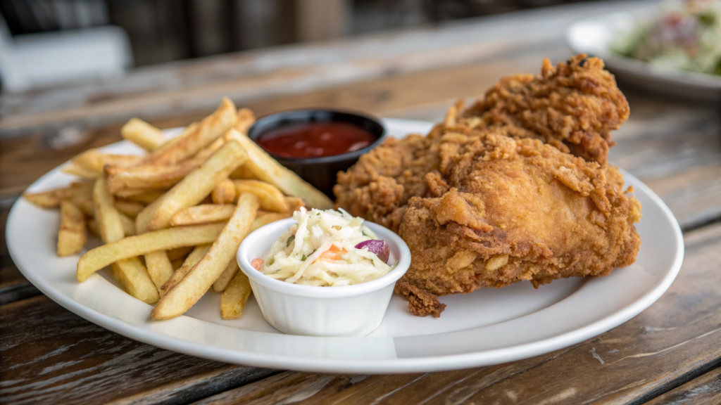 Delicious Obama Fried Chicken with fries and coleslaw served on a rustic wooden table.