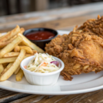 Delicious Obama Fried Chicken with fries and coleslaw served on a rustic wooden table.